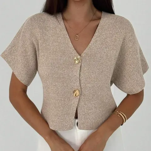 Women's Short Sleeve Button Front Knit Cardigan V Neck Casual Spring Summer Daily Commute Work Minimalist Fashion Basic Lightweight Knit Cardigan, Stylish & Comfortable Design, Women Summer Fabric, Casual Knit Tops, Aesthetic Casual Knitwear