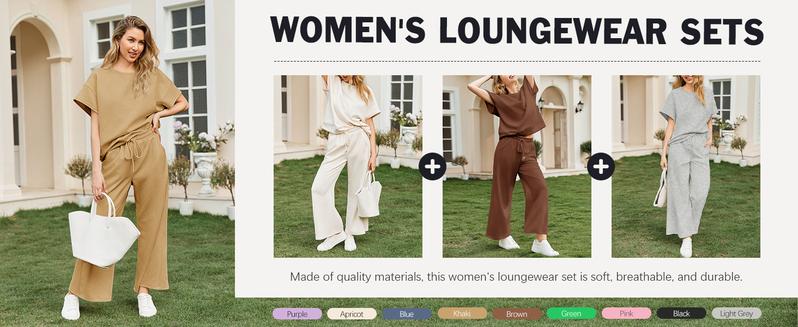 Fisoew Womens 2 Piece Outfits Sweatsuit Short Sleeve Tops and Drawstring Waist Cropped Wide Leg Pants Loungewear Sets