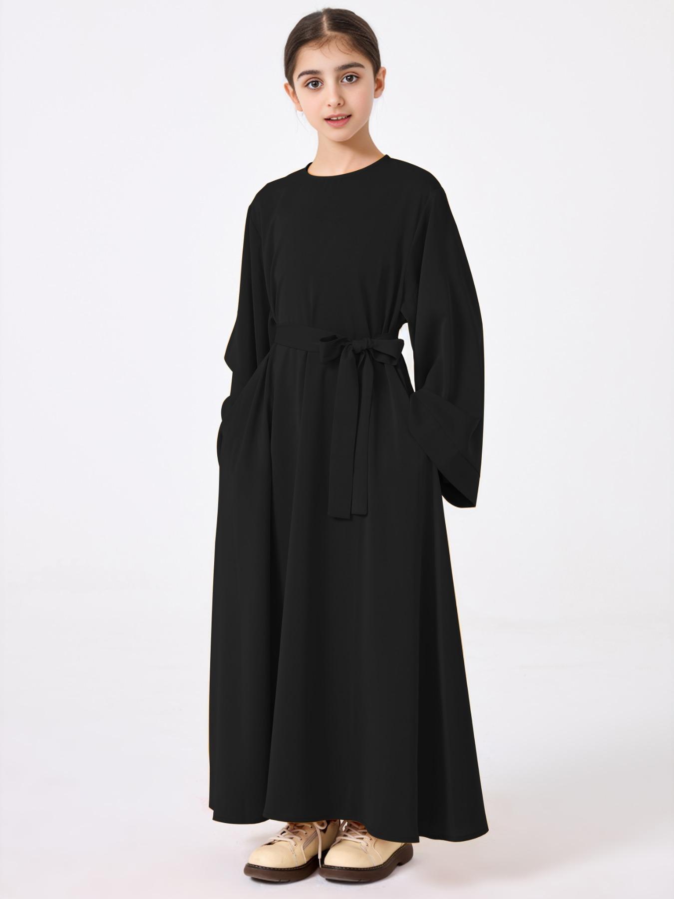 Girl's Solid Belted Dress, Modest Long Sleeve Dress for Daily Wear, Kids Clothes for All Seasons