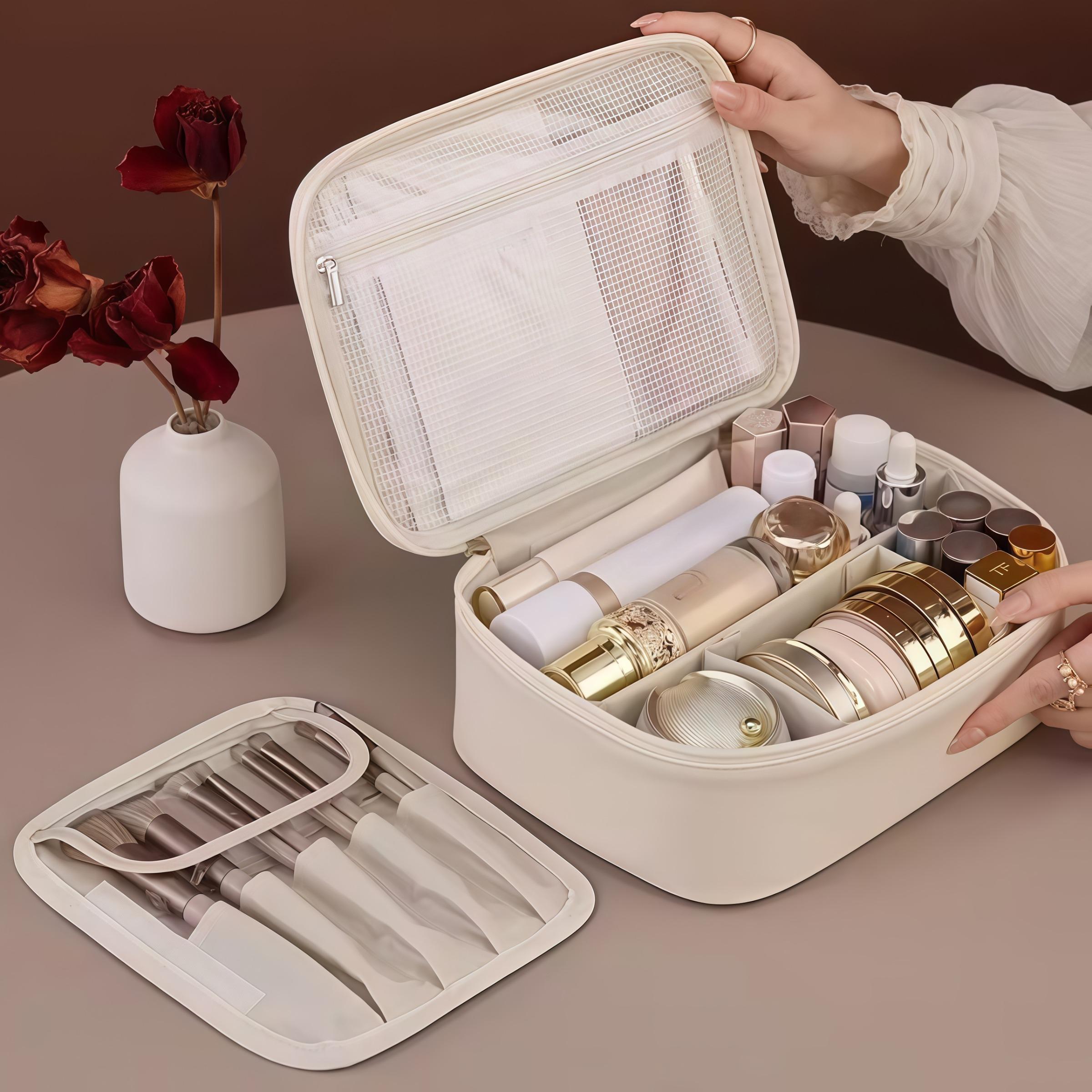 Large Capacity Multi-Layer Makeup Organizer Box, Elegant Design with Removable Brush Holder, Adjustable Compartments for Cosmetics Storage, Cover, Desktop Storage Organizer