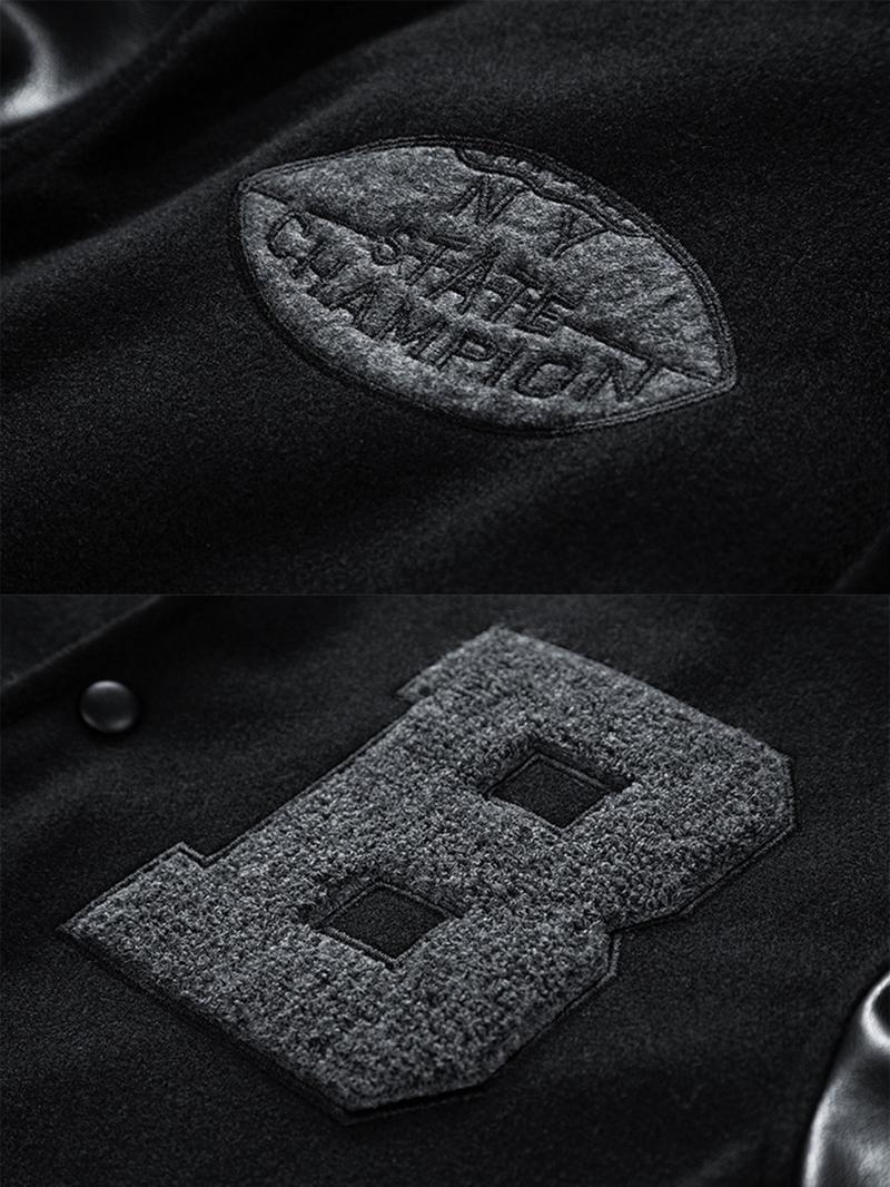 Men's Letter Patched Pocket Button Front Varsity Jacket, Casual Regular Fit Long Sleeve Stand Collar PU Leather Jacket Coat for Fall Winter