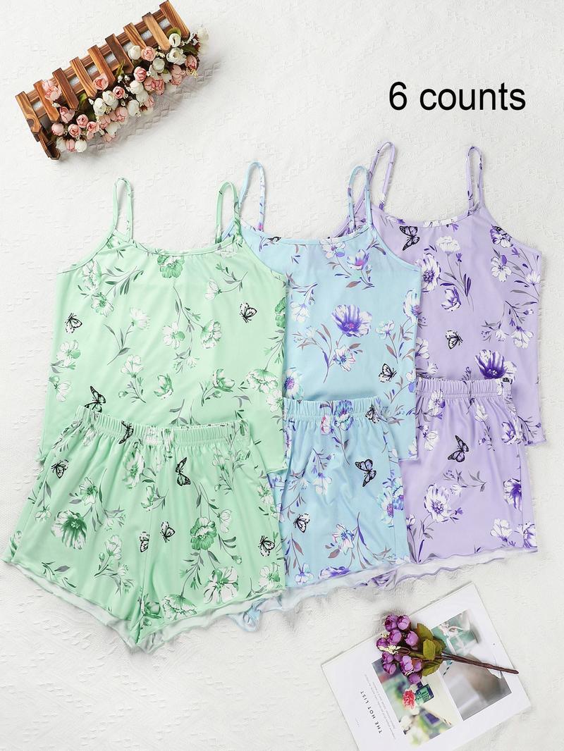 Women's All Over Floral & Butterfly Print Loungewear Set, Regular Fit Casual Comfy Spaghetti Strap Backless Camisole & Elastic Waist Shorts PJ Set, Ladies Sleepwear for Summer, Lingerie Sets