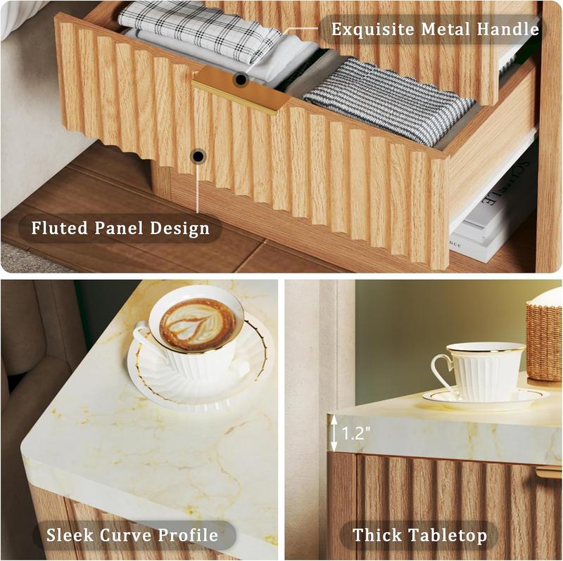 Fluted Nightstand with 2 Drawers, 24'' Night Stand with Wireless Charging Station, Mid Century Modern Side Table with Faux Marble Top, Large Wooden Bedside End Table for Bedroom, Oak