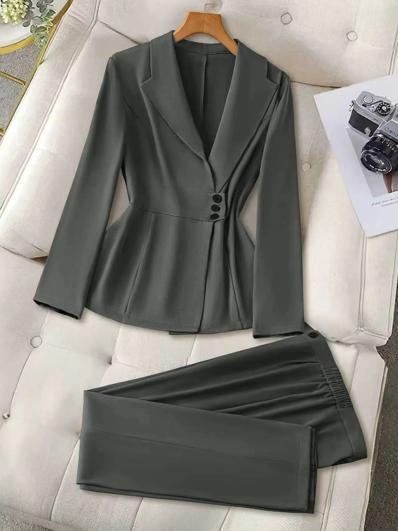 Women's Fitted Suit Jacket Set, Plaid Pattern, Long Sleeve Top with Full Placket, All Seasons, Business Casual Style, Pants