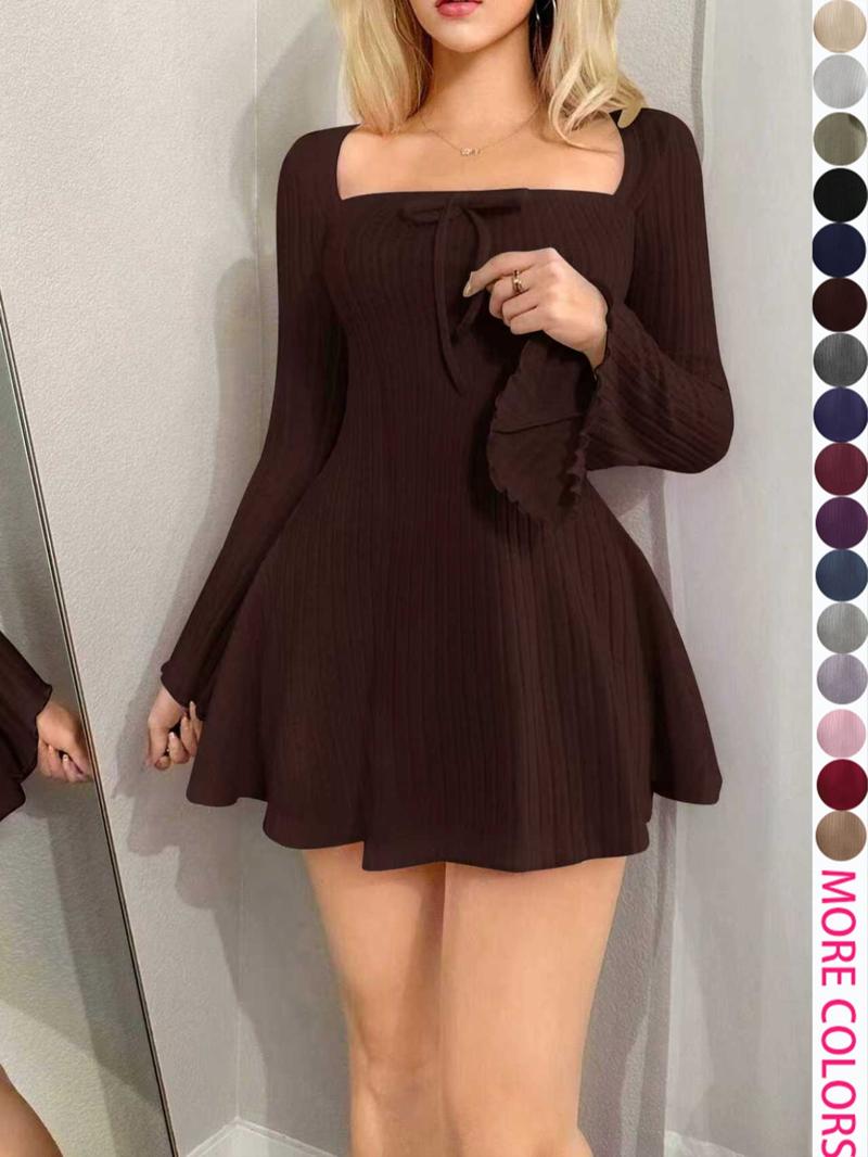 Y2K Style Women's Long Sleeve Mini Dress with Square Neck and Flare Sleeves, Casual for Spring & Fall Y2K Style Women's Long Sleeve Mini Dress with Square Neck and Flare Sleeves, Casual for Spring & Fall