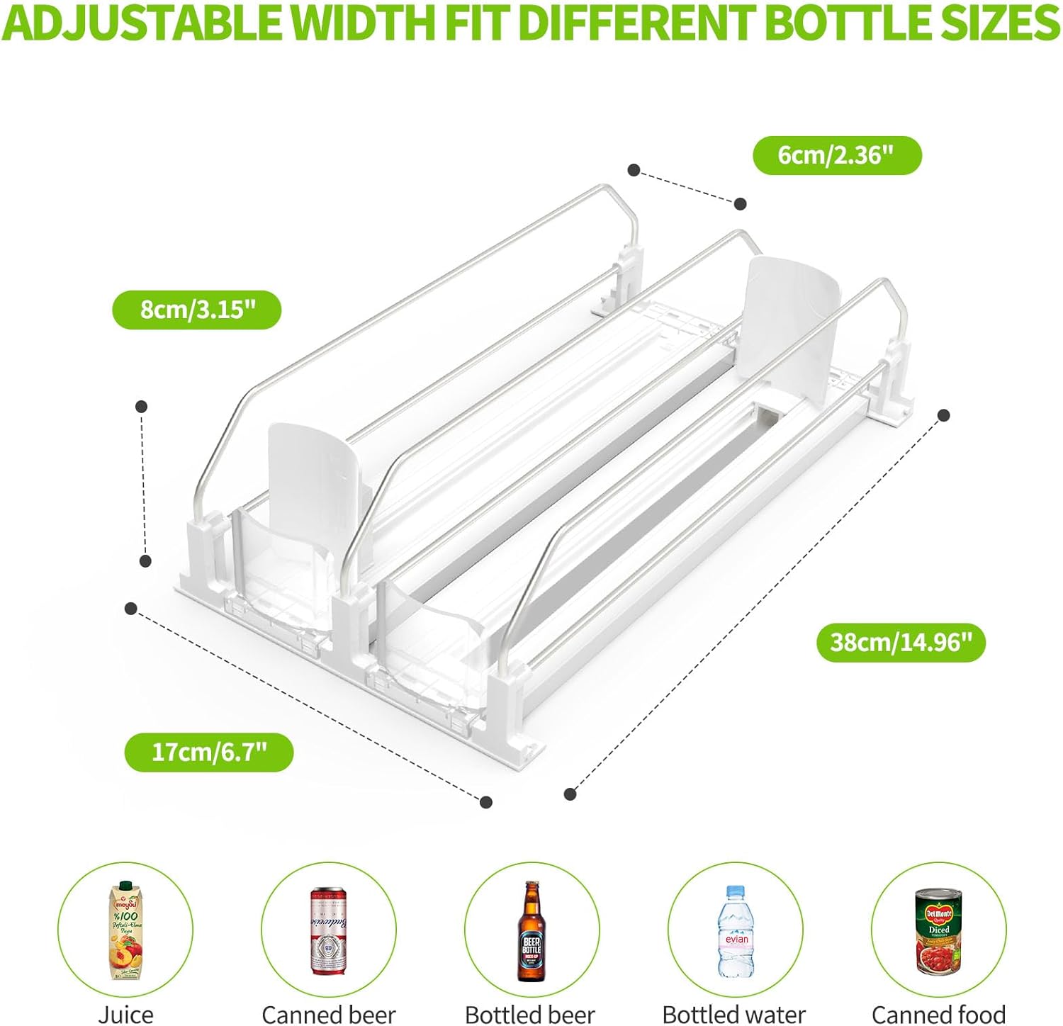 Soda Can Dispenser for Refrigerator,Self-Pushing Drink Organizer for Fridge, Width Adjustable Fridge Organization, Beer Pop Can Water Bottle Drink Dispenser for Fridge