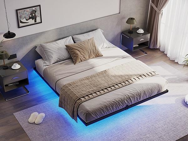 Hasuit LED Floating Bed Frame, Full Bed Frame with Smart LED Lights & Power Outlet, Heavy Duty Metal Platform Bed Frame, Easy Assembly, Bedroom Furniture, Black