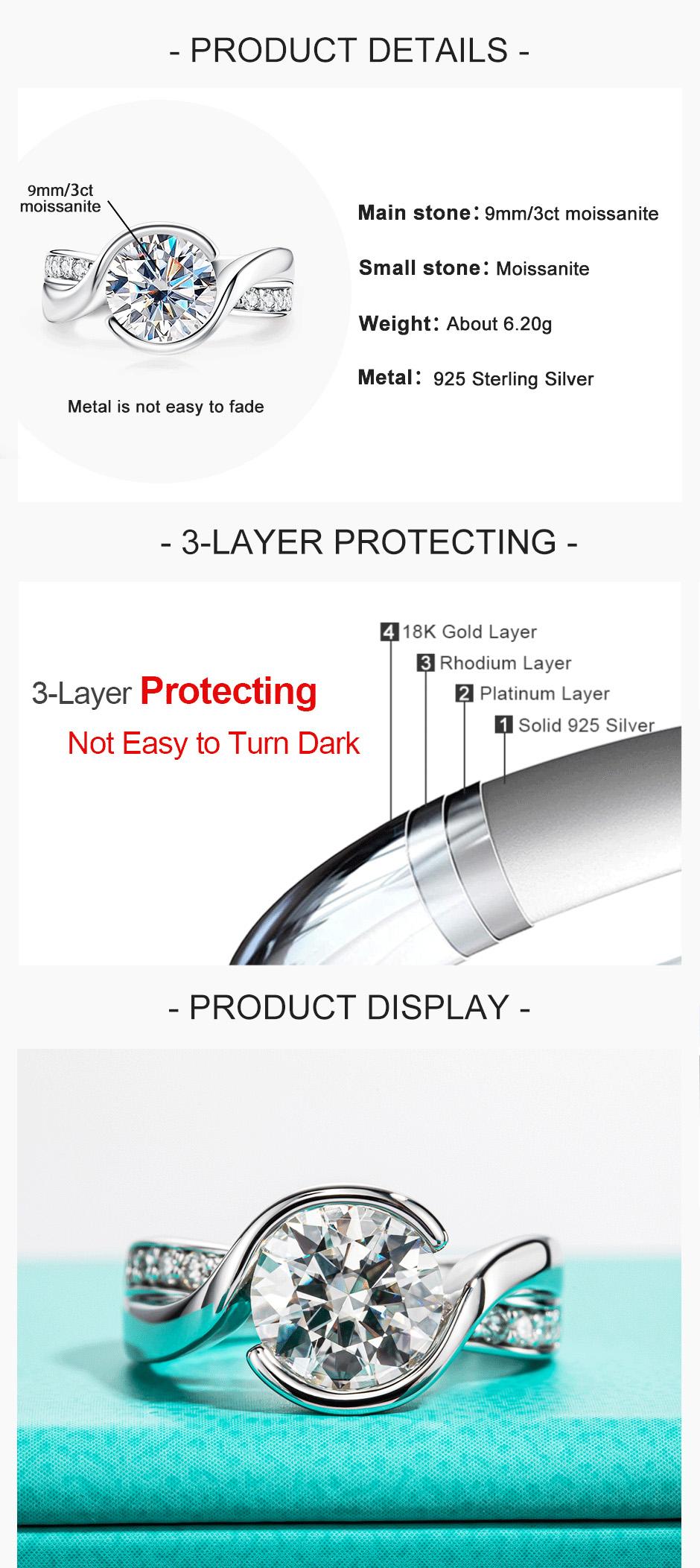 AnuJewel 3CT Round Cut Moissanite Engagement Ring D Color VVS1 925 Silver Solitaire Twisted Bezel Anniversary Wedding Promise Ring for Women with Certificate