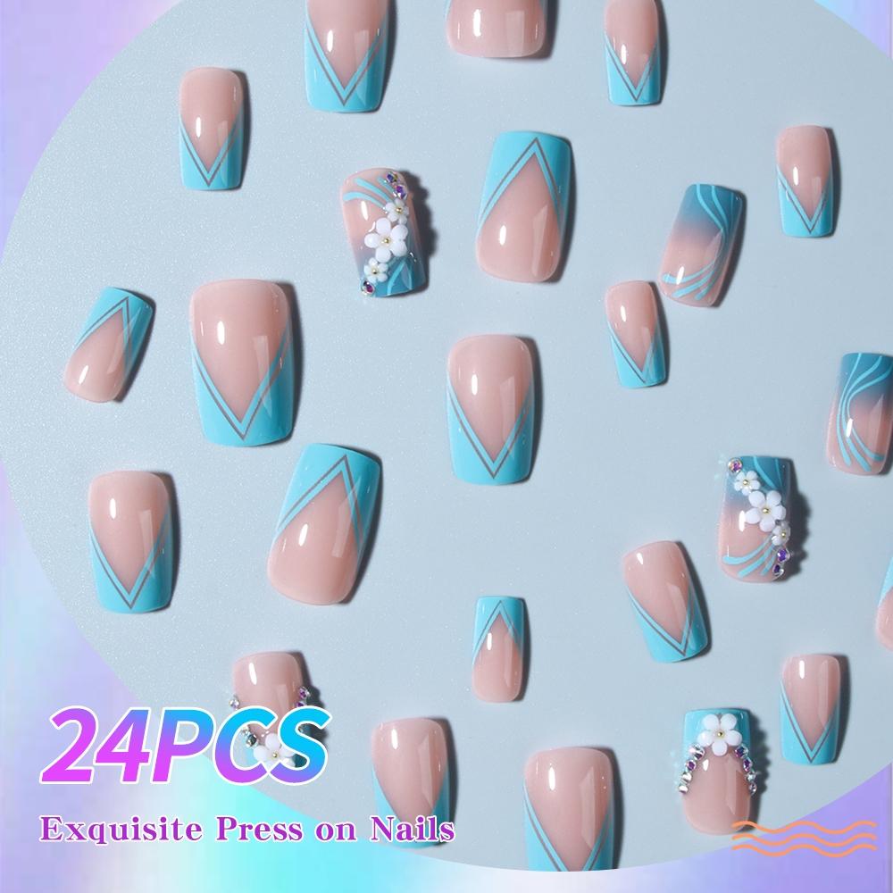 24pcs Medium Square Blue French 3D Gel Nails, Rhinestone Decor, Sweet European Style, Easy Wear Acrylic False Nails Set for Women Girls
