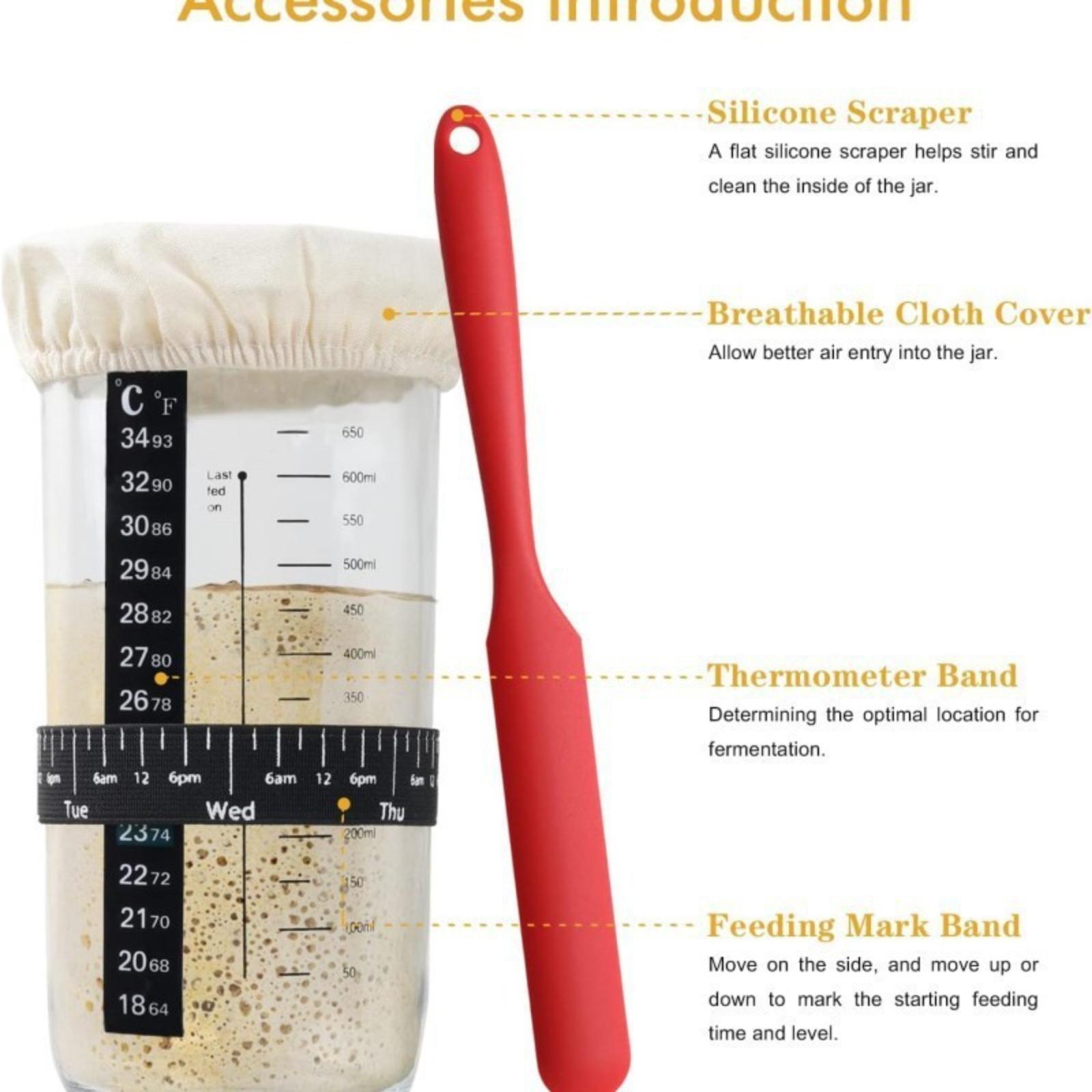 Bread fermentation jar, labeled feeding belt, thermometer, scraper, cloth cover and silicone cover/base, glass container, baking supplies