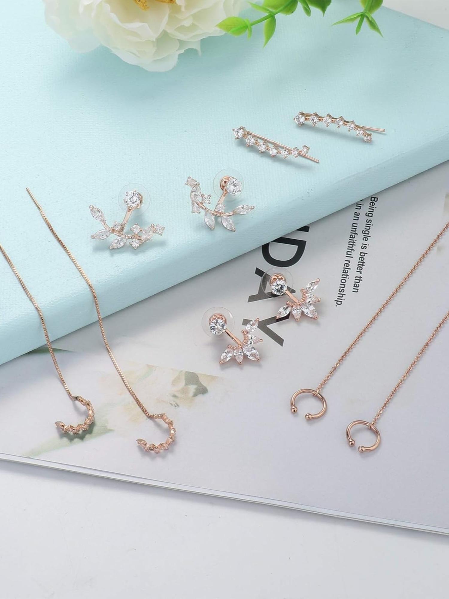 5 Pairs Rose Golden Silvery Minimalist Earring Set for Women Men Chain Threader Wrap Tassel Ear Cuffs Ear Climbers Lotus Flower Jackets Sleek Understated Style Lightweight Skin-Friendly for Daily Wear Work Dates Various Casual Formal Occasions