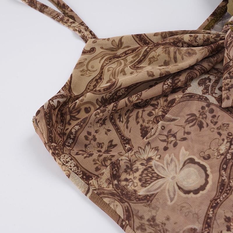 Vintage Walnut Flower Print Mesh Halter Top, Contrast Lace, Sleeveless, Irregular Hem, Y2K Aesthetic, Slim Fit, All Seasons, Cropped Cami Top