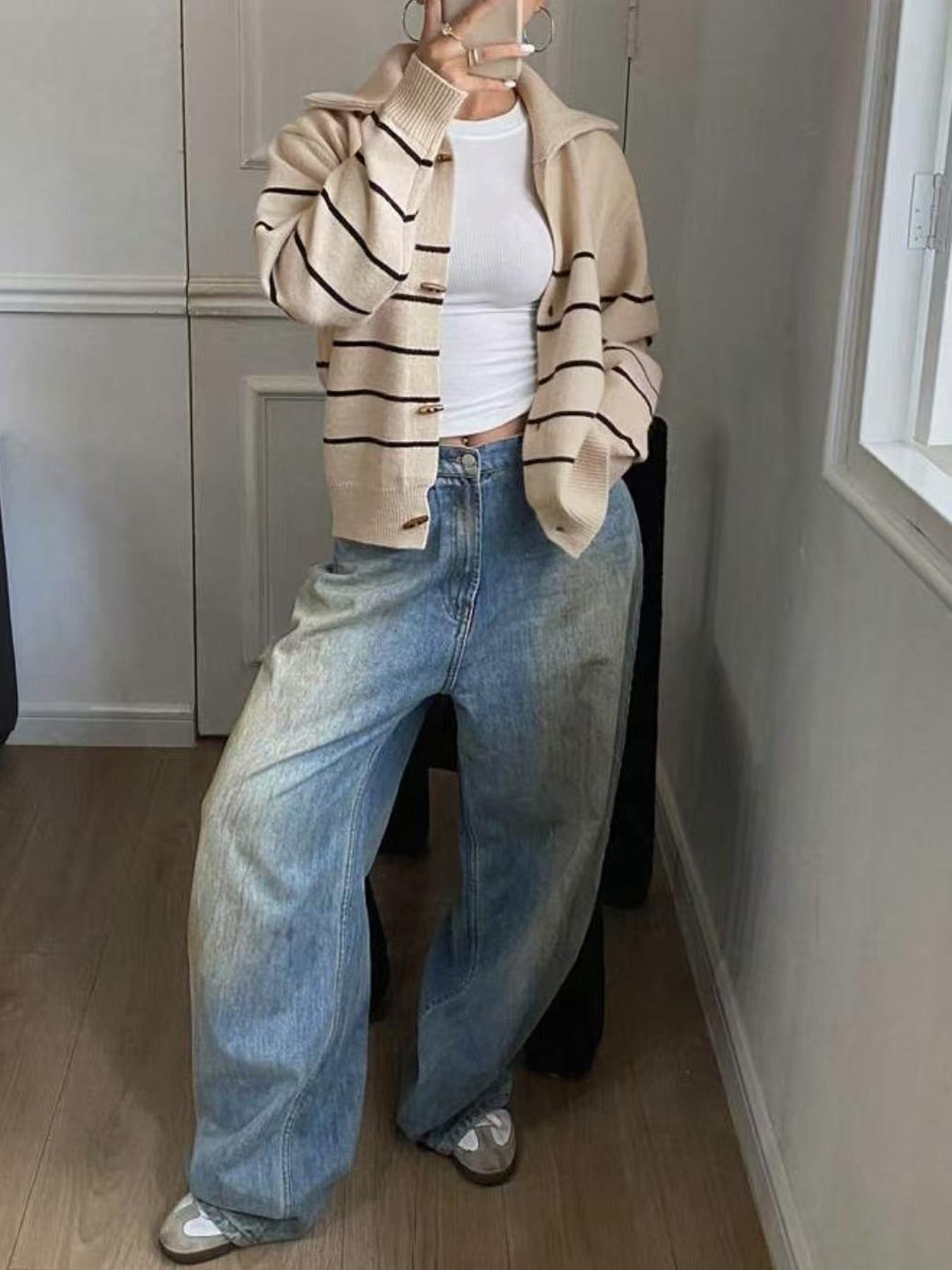 Autumn Winter Striped Button Front Sweater Coat, Fashion Casual Loose Elegant Chic Knitwear Outerwear, Stylish Women's Clothing