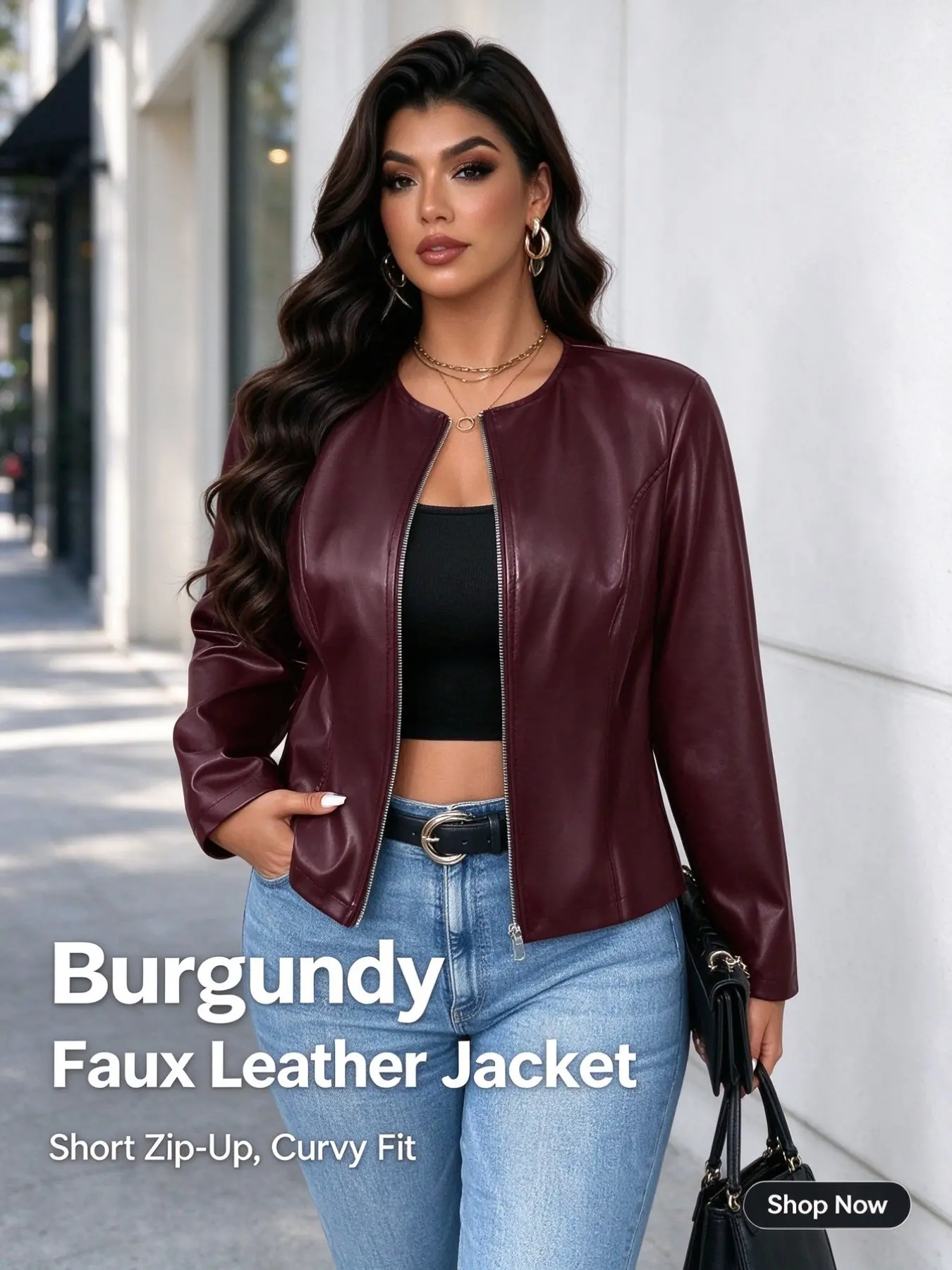 Round Neck Full Zip Short PU Leather Jacket, Waist Cinch Slimming Fit, Simple Chic Cool Style, Plus Size Women, Daily Shopping Commute Date Outerwear