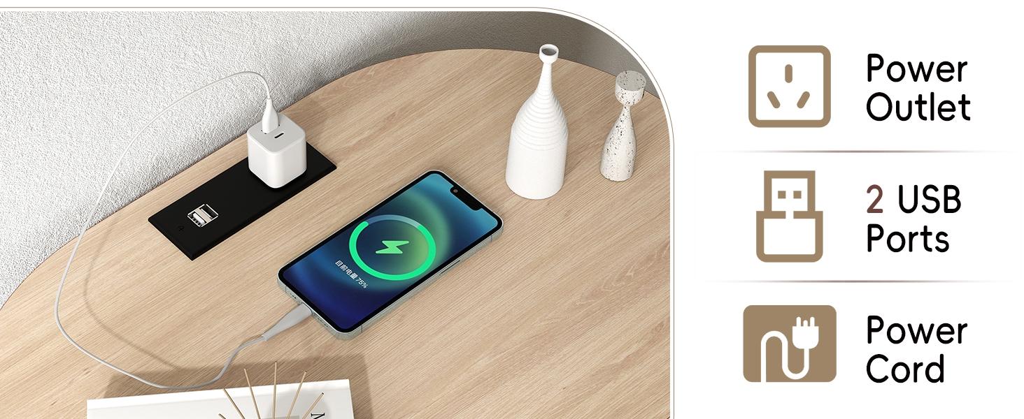 [SpringStatements] EBELLO Grooved End Table with Charging Station, Mid-Century Modern Nightstand, Entryway Cabinet for Living Room, Bedroom, Small Spaces, Walnut