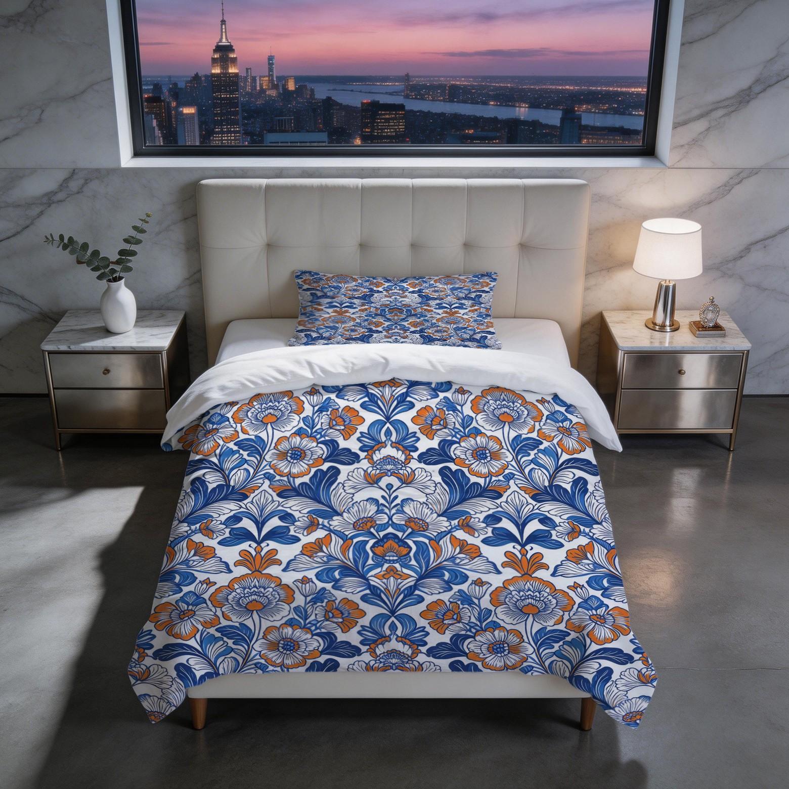2/3 Piece Bohemian Blue Orange Floral Duvet Cover Set, HD Digital Printed Comforter Cover, Soft Breathable Bedding Set with Zipper & Corner Ties, No Inserts for Bedroom Decor