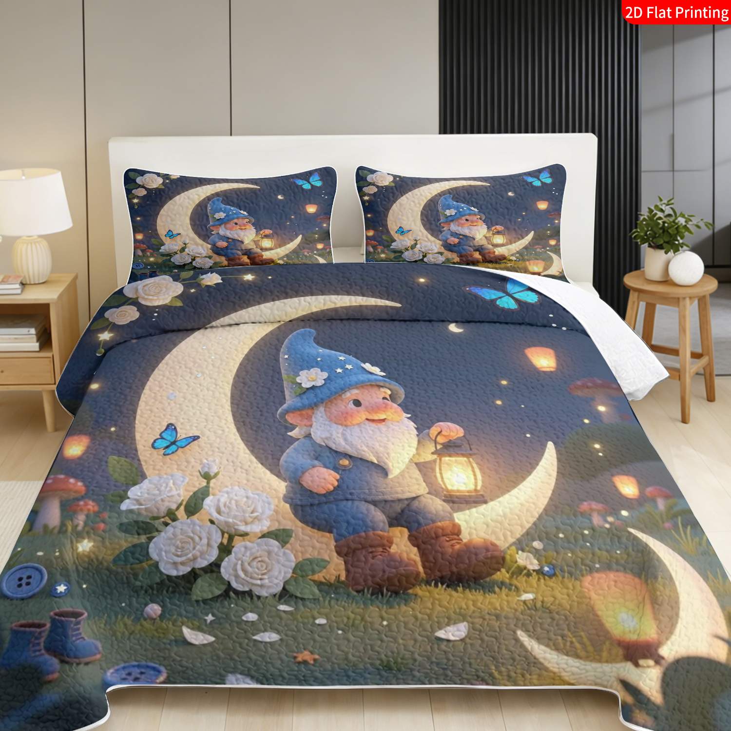 3 pcs, 2D flat print Cute Gnome Moonlight bed cover set, Enchanted Night Garden theme, multiple sizes available, bedding set, festive decorative bedding, ideal for bedroom decor(1 bedspread , 2 pillowcases)