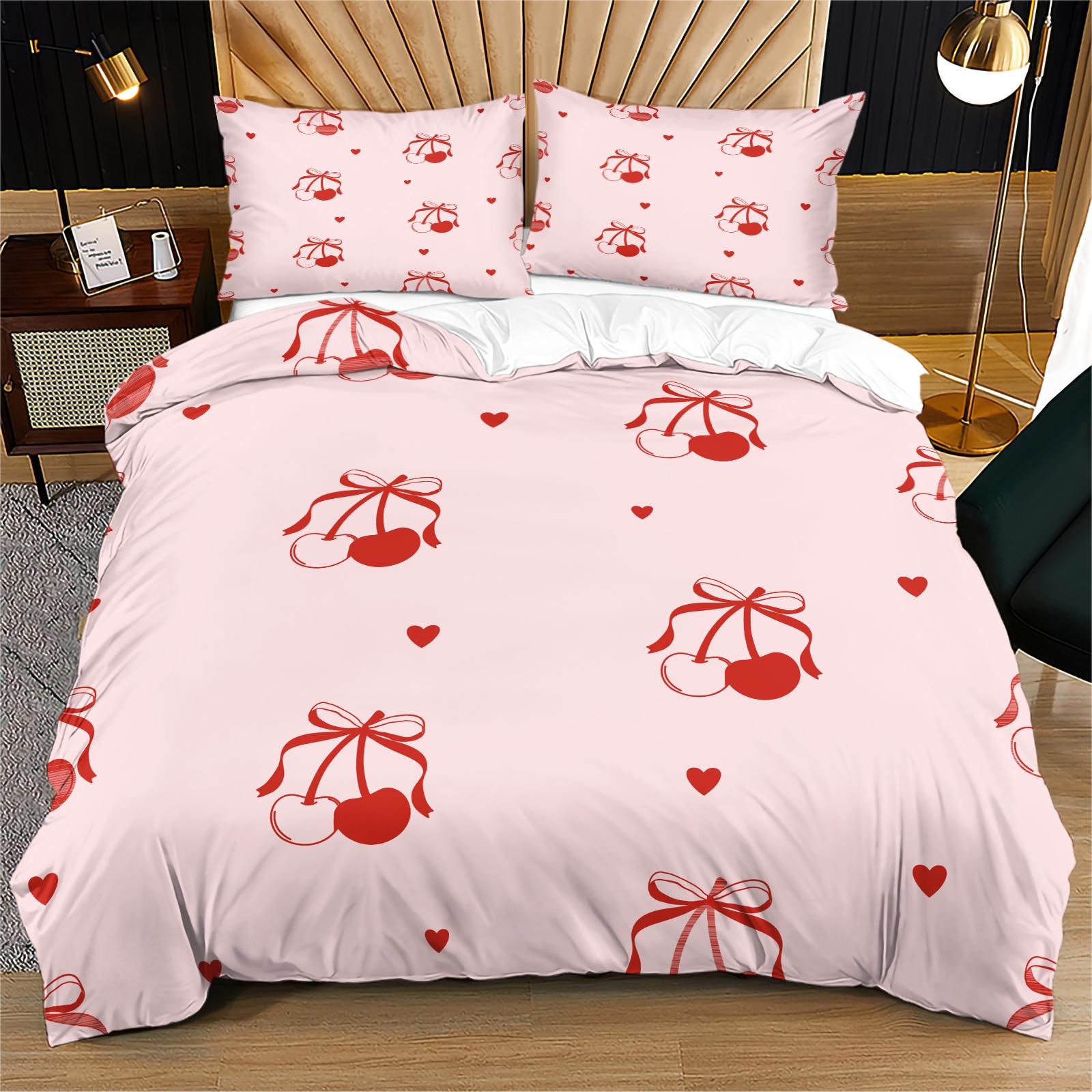 Cherry Bow Pattern Soft Durable Bedding Set, Includes 1 Fitted Sheet & Pillowcases, Perfect Gift for Teens Adults, Modern Bedroom Decor