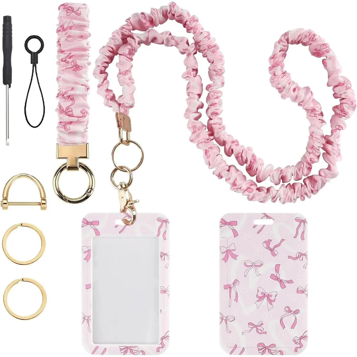 Teacher Lanyard, Scrunchie Lanyard with ID Badge Holder for Women | Soft Stretchy Lanyards Retractable Lanyards for Id Badges Keys Neck and Wrist Keychain Pink Bow Style