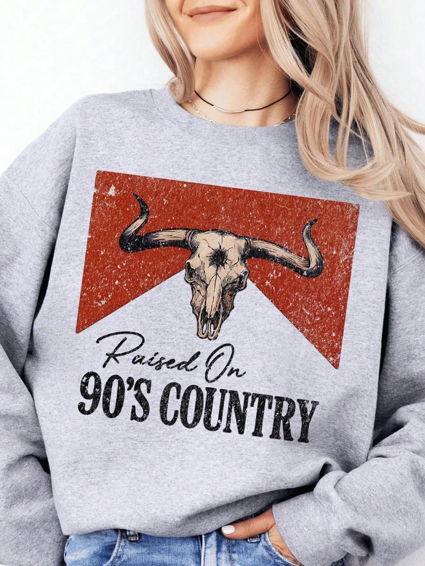 90s Country Western Bull Pattern Sweatshirt, Vintage Women's Fall Fashion, Loose-Fit Long Sleeve Crew Neck, New Fall Clothes for Women