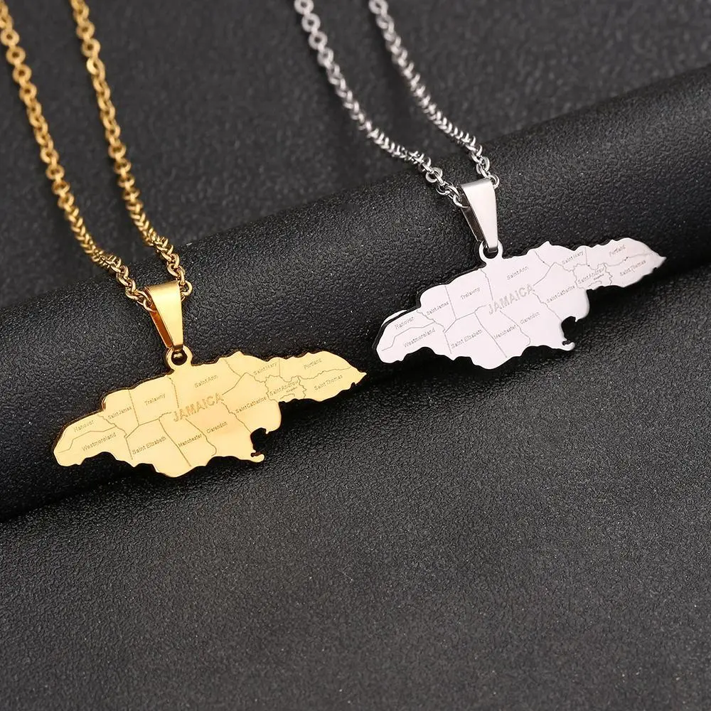 Jamaica Map Pendant Necklace in Stainless Steel, Casual Unisex Charm for Women and Men, Gold or Silver Tone Jewelry Gift, Unisex Appeal
