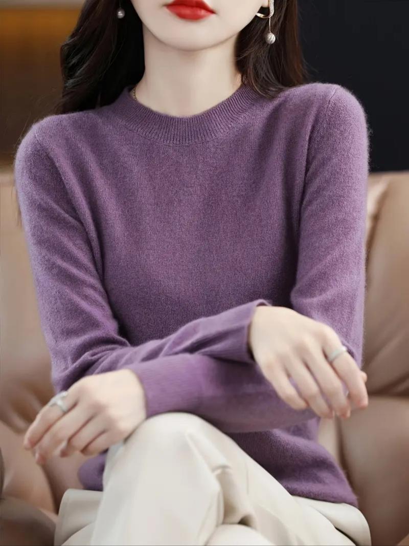 Women's Plain Round Neck Sweater, Casual Long Sleeve Crew Neck Jumper for Fall & Winter, Fashion Ladies' Knitwear for Daily Wear