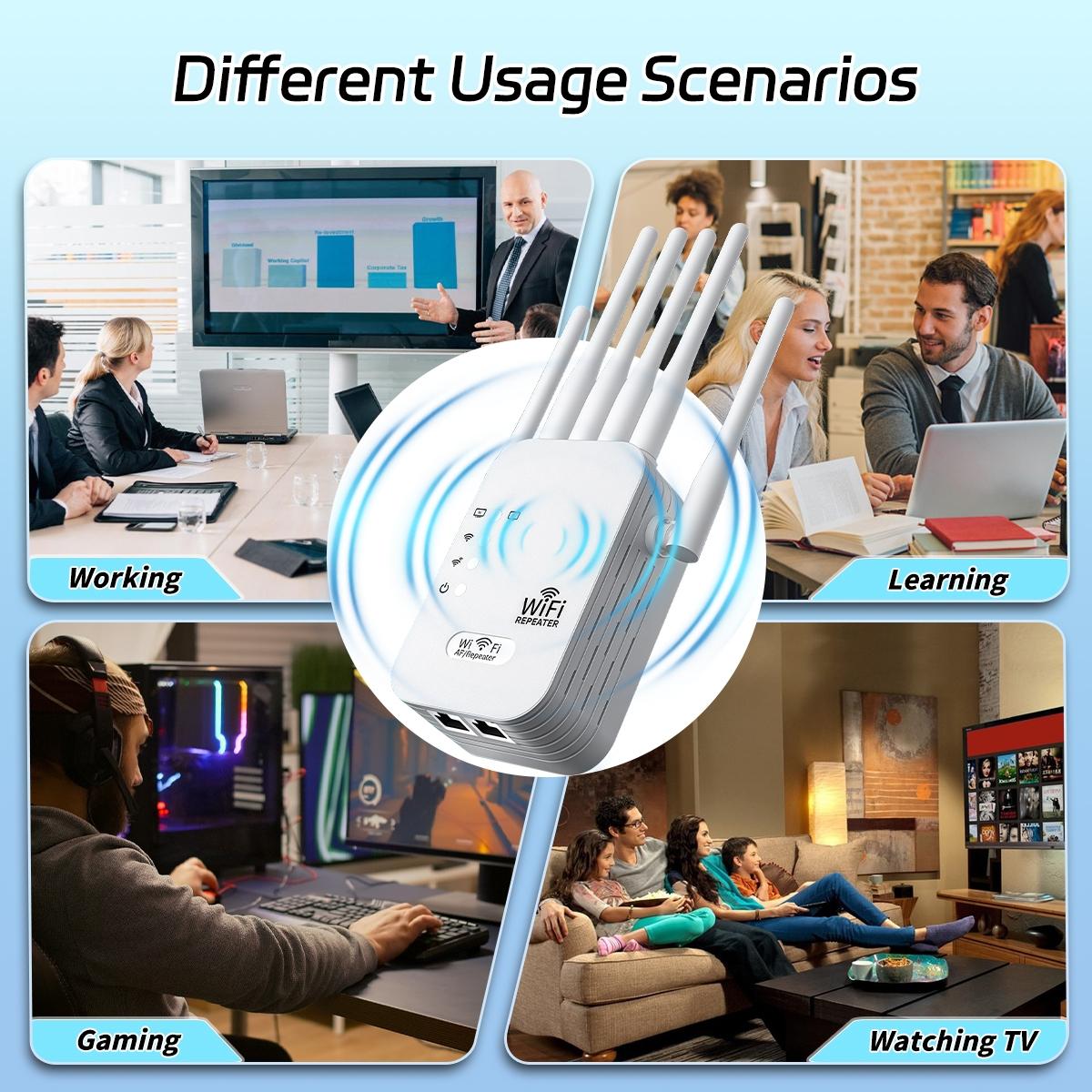 2.4GHz Router Signal Amplifier, Wireless Signal Booster, 50 Devices, 4 Modes, 6 Antennas, 360° Coverage, Ethernet Port, Wall Mount, 10,000 Sqm