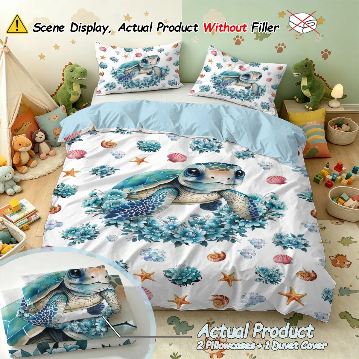 3pcs (1 duvet cover + 2 pillowcases, no filling) A watercolor duvet cover set, Printed bedding set featuring turtle, coral, and seashell prints, soft and comfortable, suitable for room decor, all year round, great gift