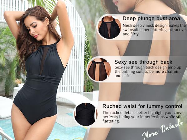 Tempt Me Women One Piece Swimsuit High Neck Plunge Ruched Tummy Control Bathing Suit Plus Size Full Coverage Swimsuit for Women
