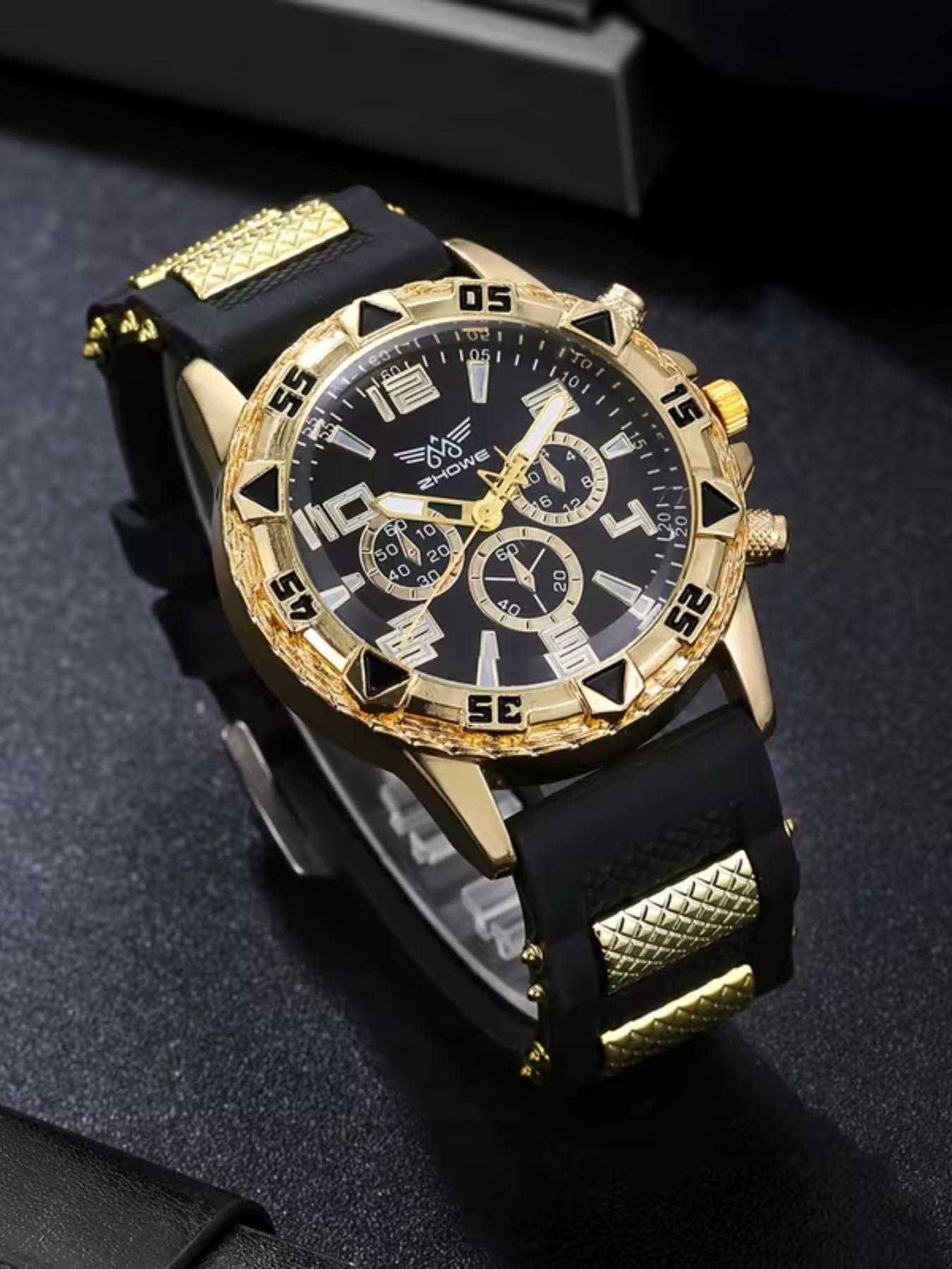 8pcs Men's Gold Watch Set, Fashion Quartz Watches, Vintage Necklace Ring Bracelet Set, Jewelry Sets, Perfect Gift for Him