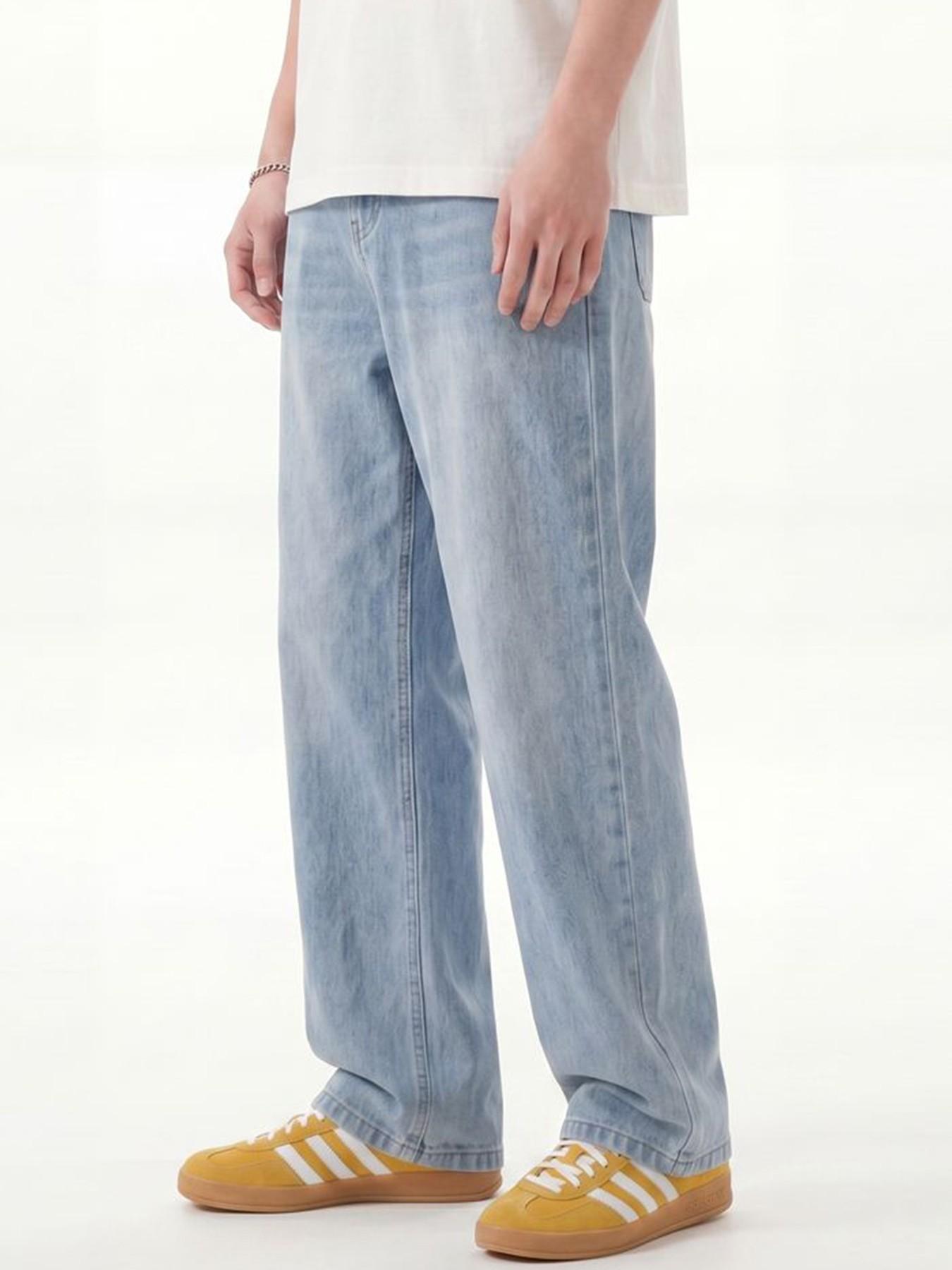 Men’s Blue Washed Jacquard Baggy Jeans, Curved Panel Seams, Wide Leg Loose Fit, Y2K Streetwear Denim Jeans, All Seasons