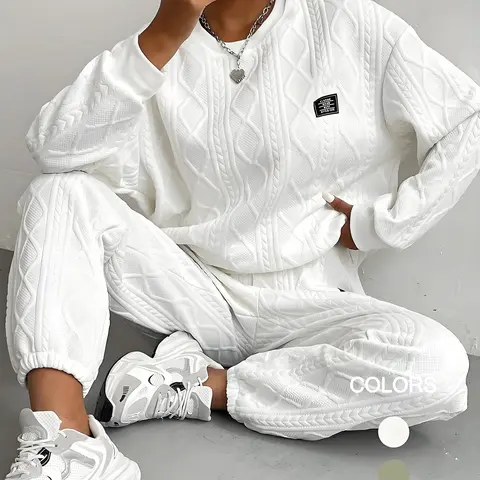 Women's Textured Letter Patched Drop Shoulder Sweatshirt & Elastic Waist Sweatpants Two-piece Set, Casual Cozy Round Neck Long Sleeve Pullover & Trousers for Daily Wear, Women's Two-piece Outfits for Fall & Winter, Casual Everyday Set
