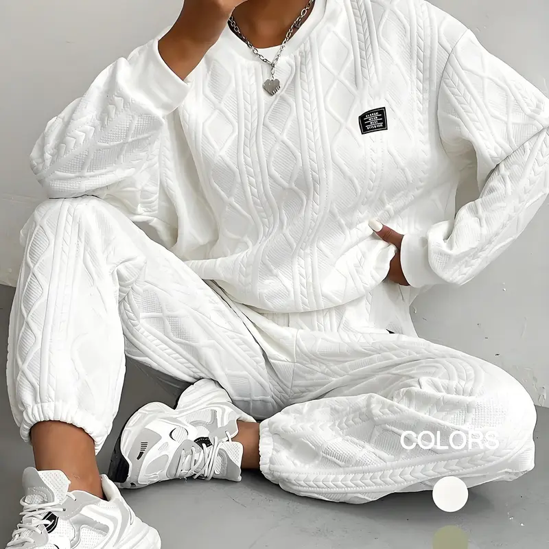 Women's Textured Letter Patched Drop Shoulder Sweatshirt & Elastic Waist Sweatpants Two-piece Set, Casual Cozy Round Neck Long Sleeve Pullover & Trousers for Daily Wear, Women's Two-piece Outfits for Fall & Winter, Casual Everyday Set