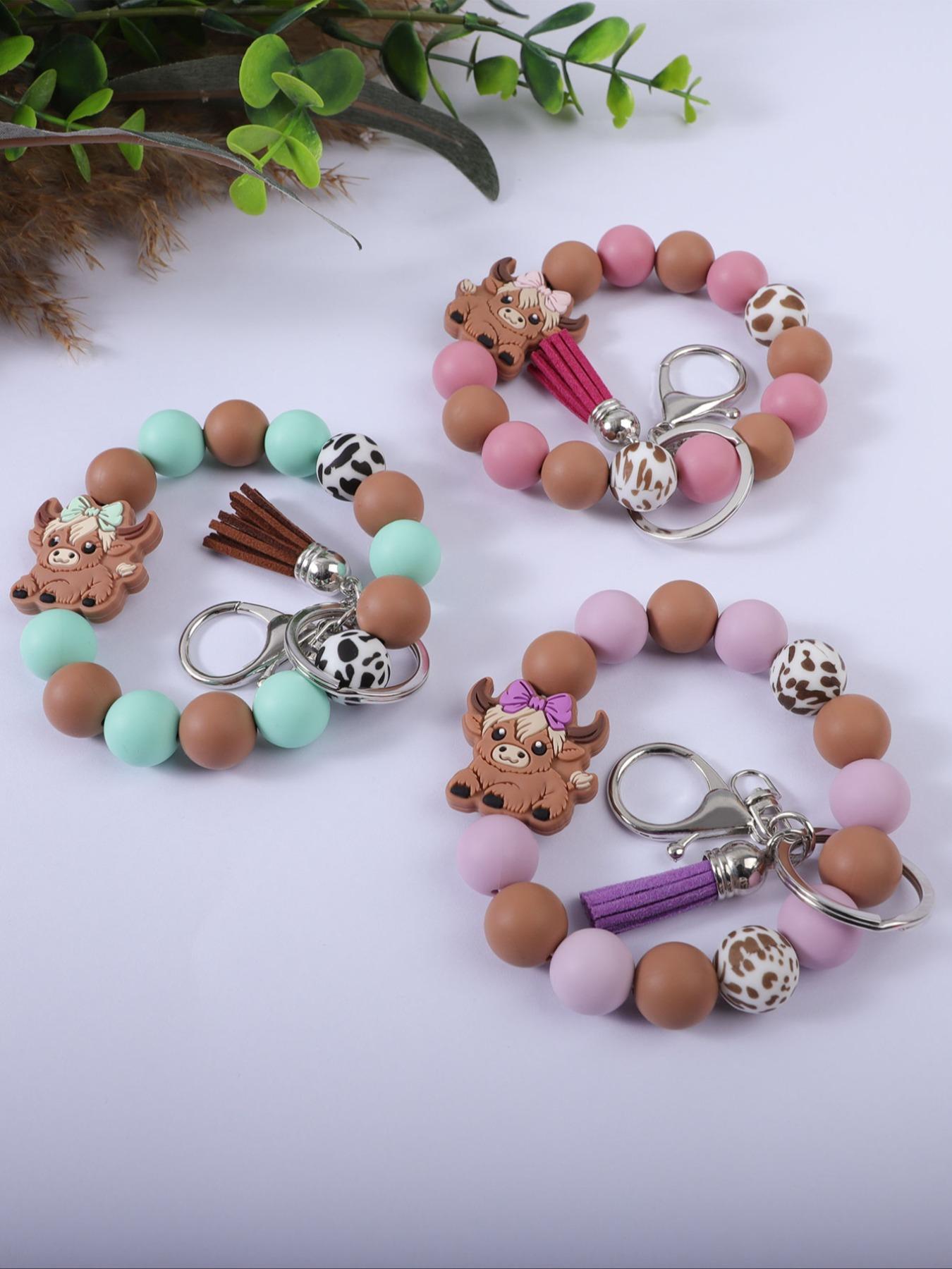 Cute Farm Style Beaded Wrist Keychain, Multiple Colors Available, Spot Pattern Beads with Bow Cow Design, Perfect Gift for Friends & Family