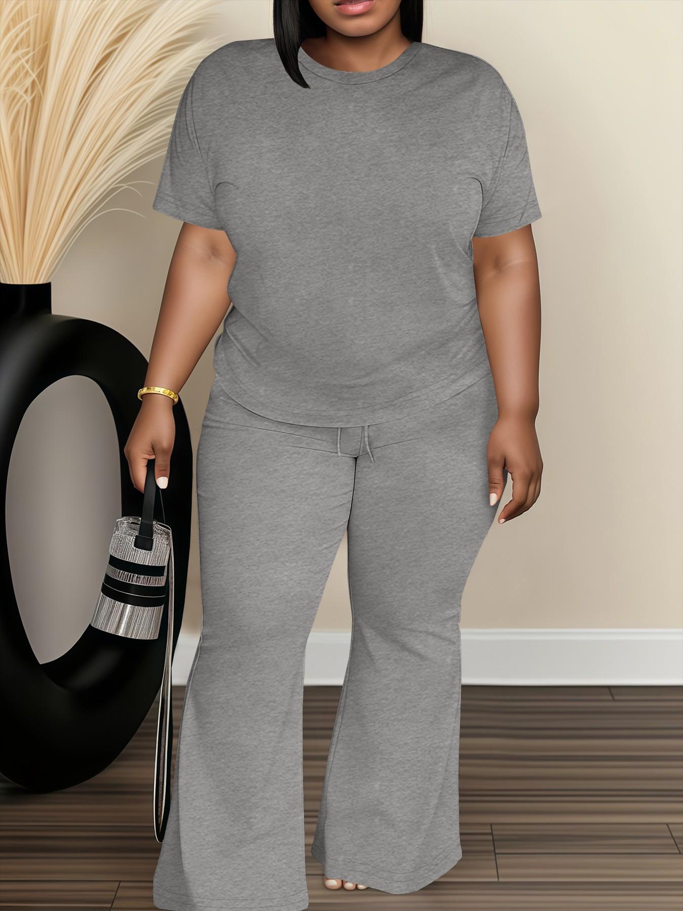 Women's Fashionable Big Size Casual Round Neck Short Sleeve Top & Loose Fit Straight Pants Set, Spring & Fall Comfortable Plain Design Women's Fashionable Big Size Casual Round Neck Short Sleeve Top & Loose Fit Straight Pants Set, Spring & Fall Comfortable Plain Design