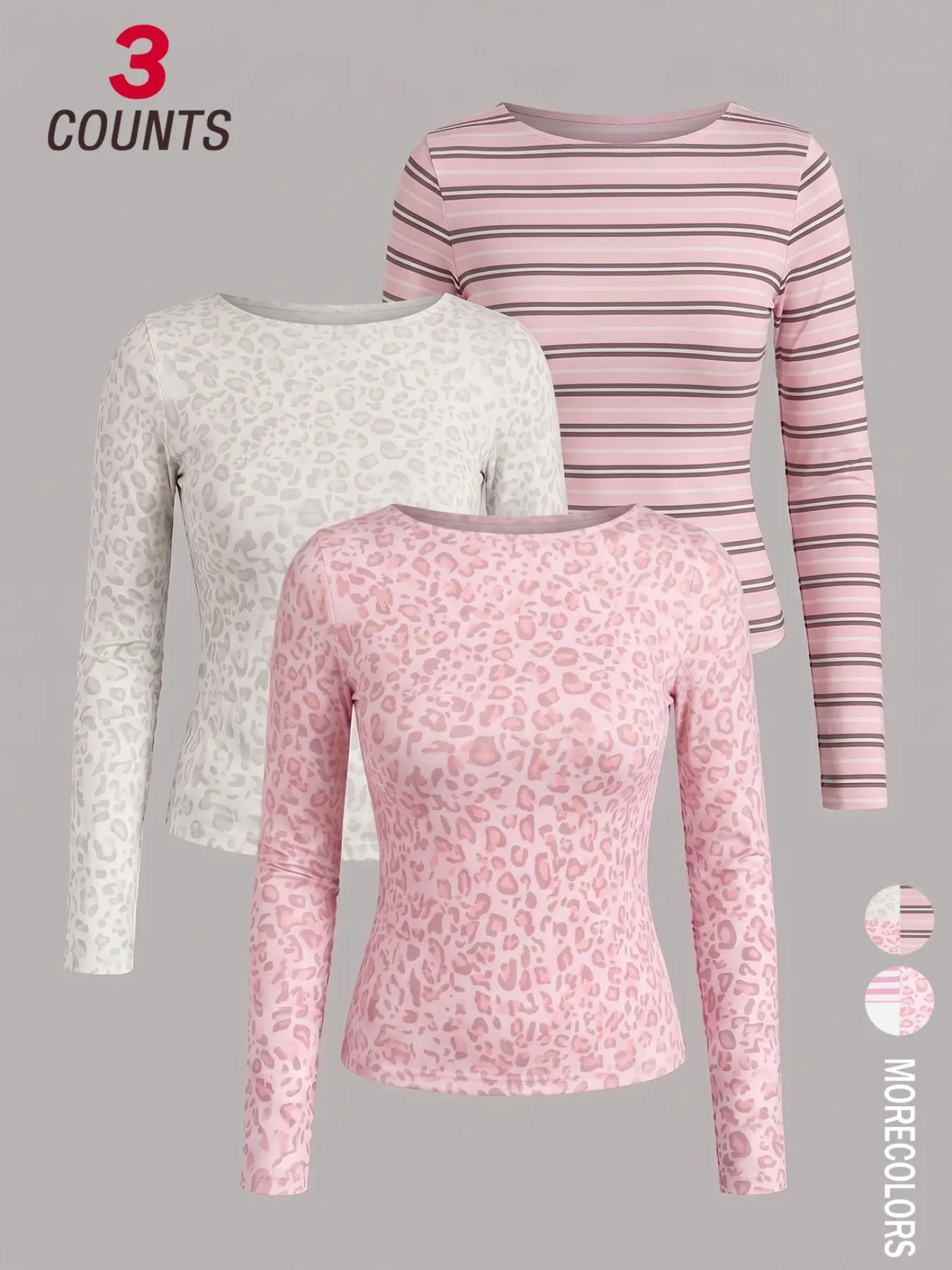 3 Pack Women Pink Leopard & Striped Long Sleeve Top Set, Boat Neck Soft Stretch Slim Fit Long Sleeve T Shirts, Sweet Spicy Casual Style, Perfect For Daily Shopping, Coffee Date, Street Shooting And Vacation Outfits