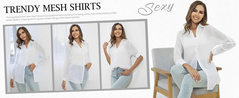 Arssm Sheer Button Up Blouse Mesh Shirt Women Long Sleeve Sexy See Through Top Fashion Black Trendy Mesh Blouse Tops Vintage Casual cute summer outfit