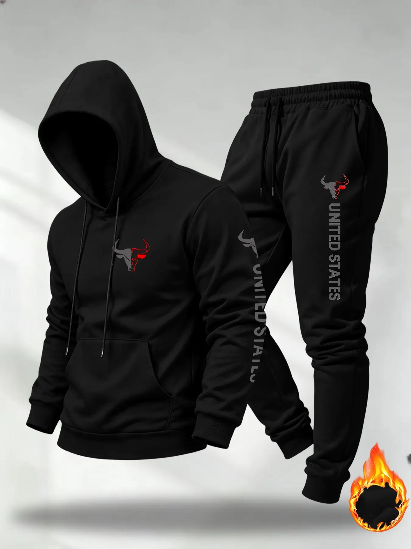 Men Tracksuit Set, Sweatsuit, Bull Letter Graphic Hoodie & Jogger Pants, Fleece Lined, Drawstring Hood & Waistband, Pocket Design, Soft Warm For Sports Daily Street Wear