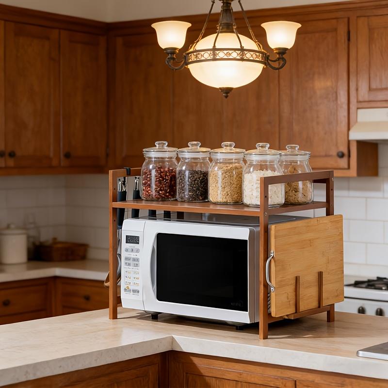 1pcs Bamboo Kitchen Countertop Oven Rack with Hooks and Cutting Board Holder Space Saving Vertical Microwave Storage Shelf Multi - functional Condiment Organizer Heavy Duty Easy Installation