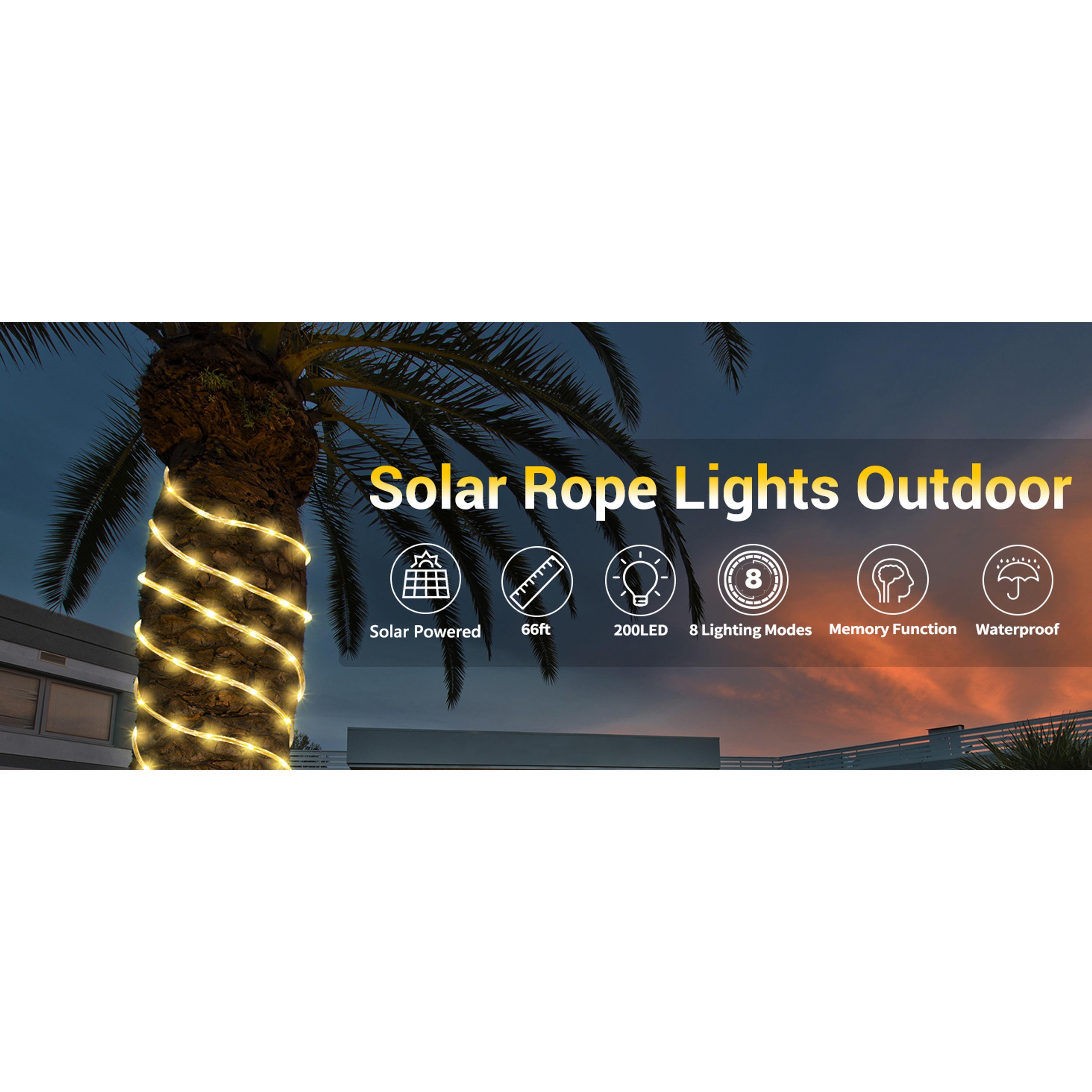 Solar Rope Lights, 66ft 200LED Solar String Lights, 8 Modes Waterproof Solar Outdoor Light, Flexible Clear Trampoline Light for Garden Backyard Patio Deck Porch Pool Tree Decor - Warm White