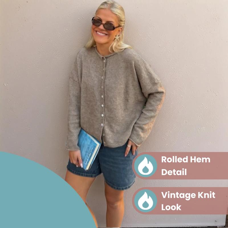 Women's Vintage Knit Cardigan with Rolled Hem, Simple Solid Color Knitwear for Autumn and Winter, Stylish Casual Outerwear