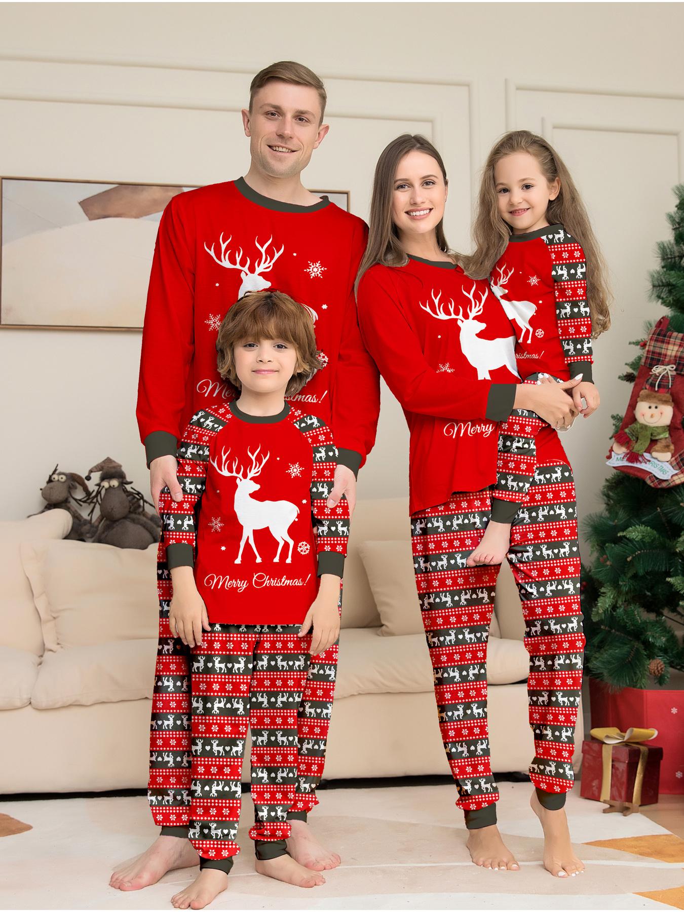 Christmas Elk Family Matching Pajamas Set 4 Pcs, Long Sleeve Red Xmas Printed Soft Warm Loungewear, Holiday Family Sleepwear for Men Women Kids, Christmas Gift Outfit