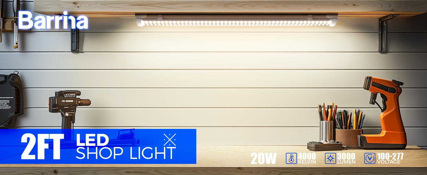 Barrina 2FT T8 LED Shop Light, 4000K 20W 3000LM, V Shape Integrated LED Lighting for Garage, Warehouse, Workshop, ETL Listed, 2 Packs