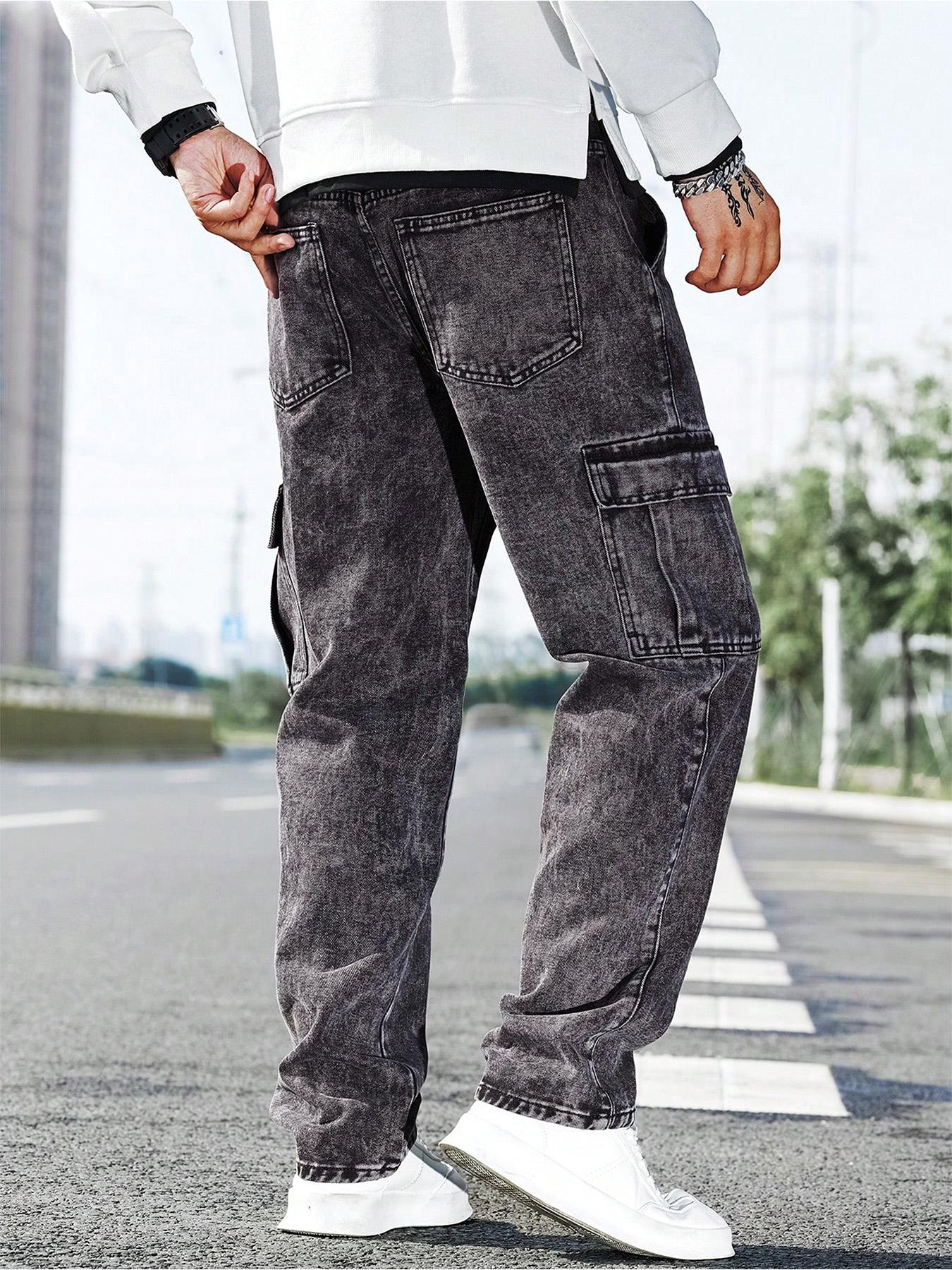 Men's Solid Flap Pocket Cargo Jeans, Loose Casual Street Fashion Denim Pants for Daily Wear, Men's Trousers for All Seasons