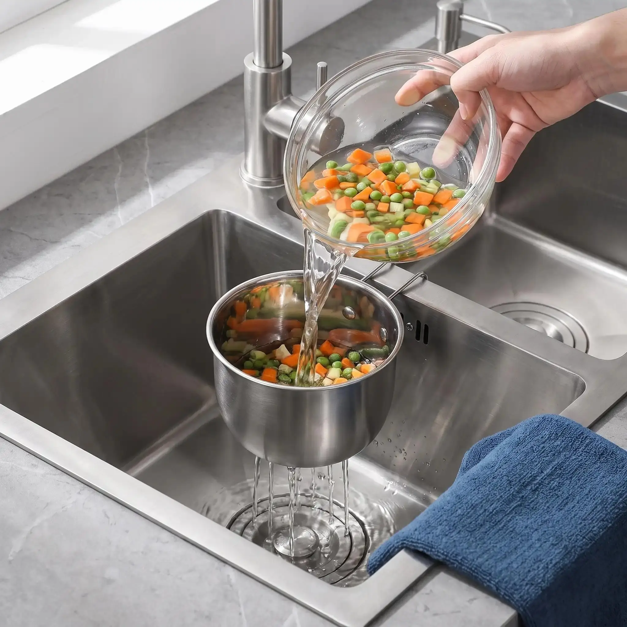 Stainless Steel Sink Hanging Drain Basket, with Handle Fast Draining, for Filtering Food Residue Washing Fruits Vegetables in Kitchen Cleaner Way to Rinse & Drain Sink Strainer for Efficient Water and Food Scrap Separation in Kitchen-MM