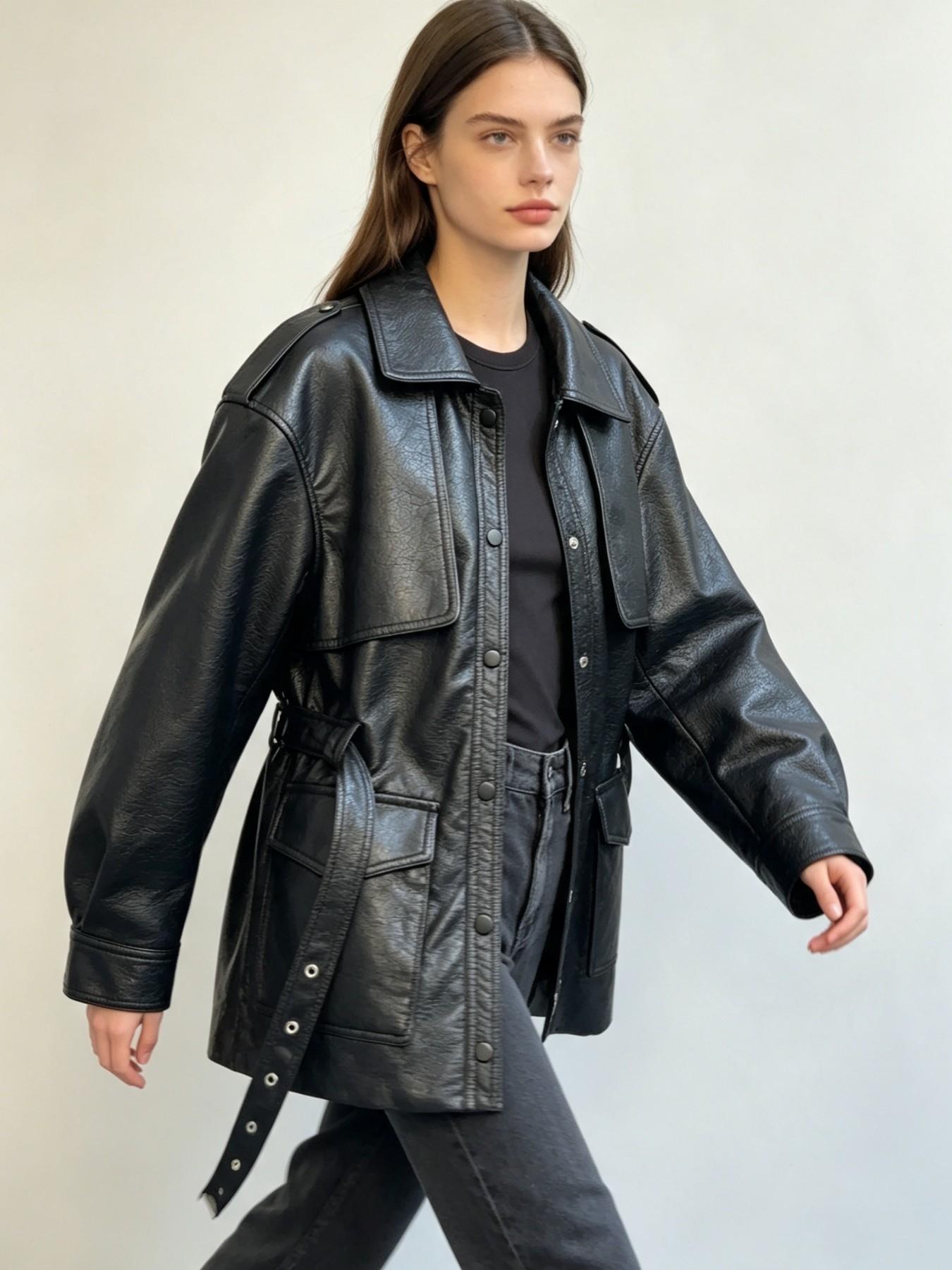 Vintage Style Women's Coat, Lapel Collar Shoulder Patch Design, Waist Belt, Multiple Pockets, Mid-Length, Commuter Jacket