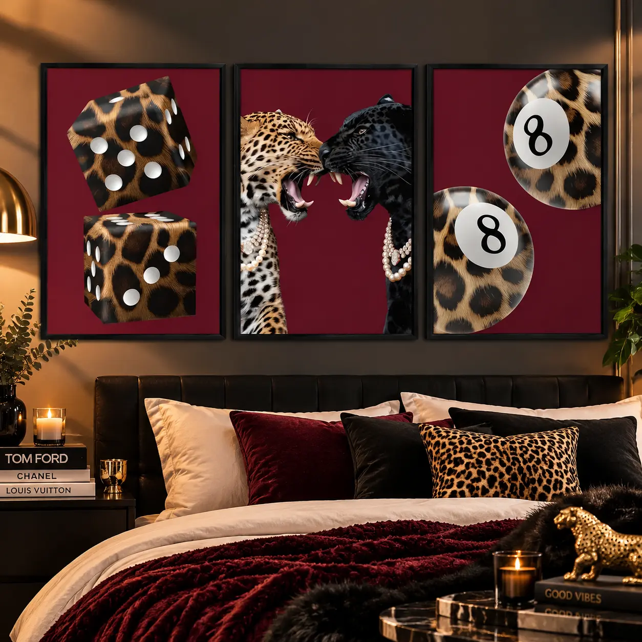 3-Piece Red Leopard Canvas Wall Art Set, Cheetah Animal Print Poster, 8 Ball Retro Aesthetic Artwork, Modern Boho Decor for Bedroom, Dorm Room, Apartment & Home, Trendy Gallery Wall Accent, Feminine Fashion Inspired Gift