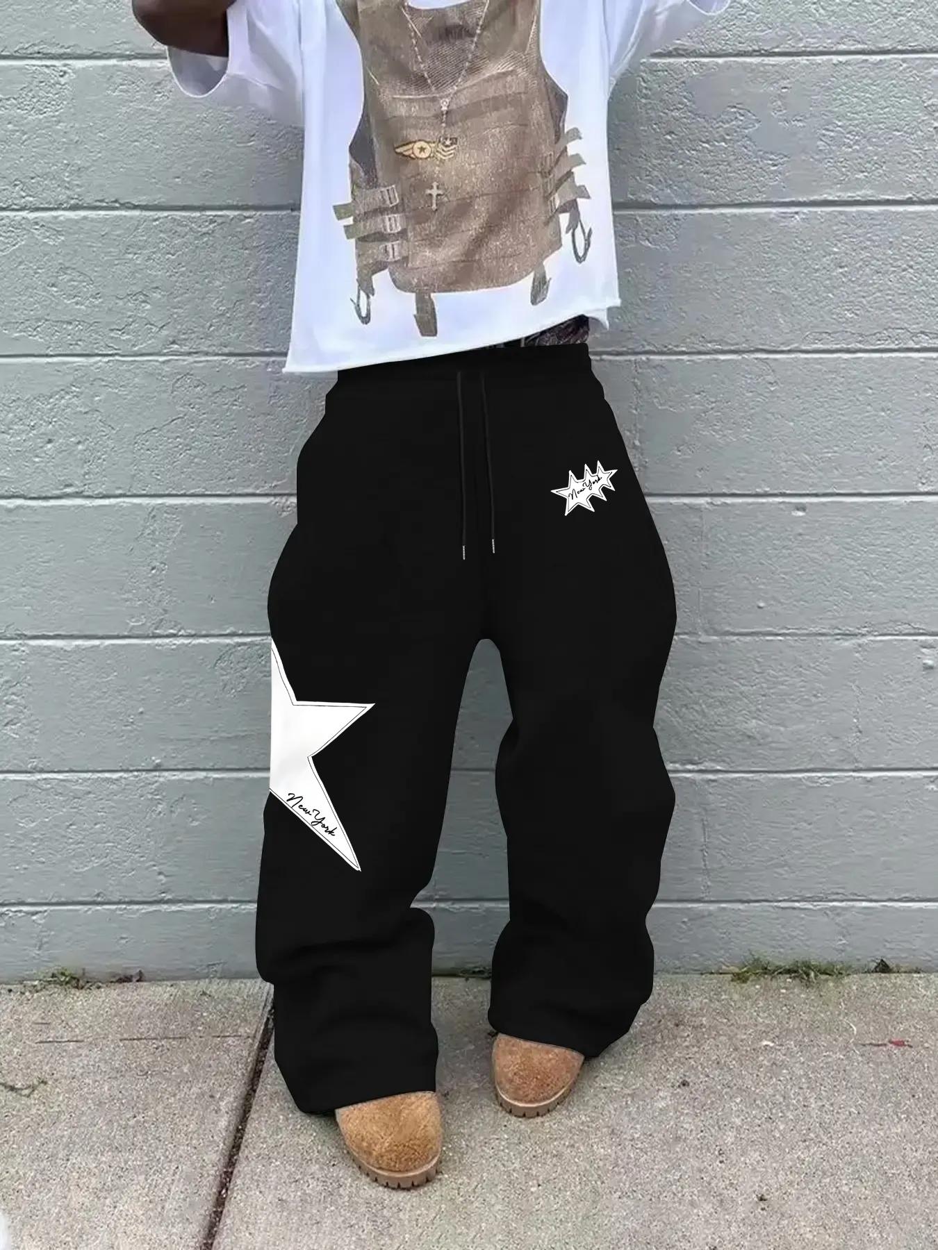Men's Fashion Casual Straight Leg Pants, Star Print Drawstring Waist Sweatpants, Casual Streetwear Trousers, Summer Fitted Street Style, Perfect for Daily Wear