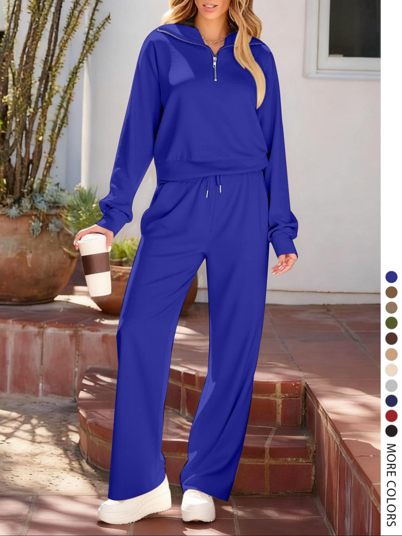 Pure Color Half-Zip Shoulder Pad Sporty Top Long Pants Set, Casual Loose-Fitting Short Upper Long Lower, Perfect for Spring Summer, Sporty Style Clothes, Athleisure Wear Set, Sweatsuit Set