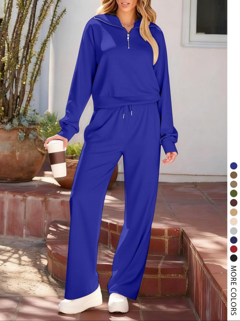 Pure Color Half-Zip Shoulder Pad Sporty Top Long Pants Set, Sweatsuit Set, Casual Loose-Fitting Fall, Regular Length Plain Design